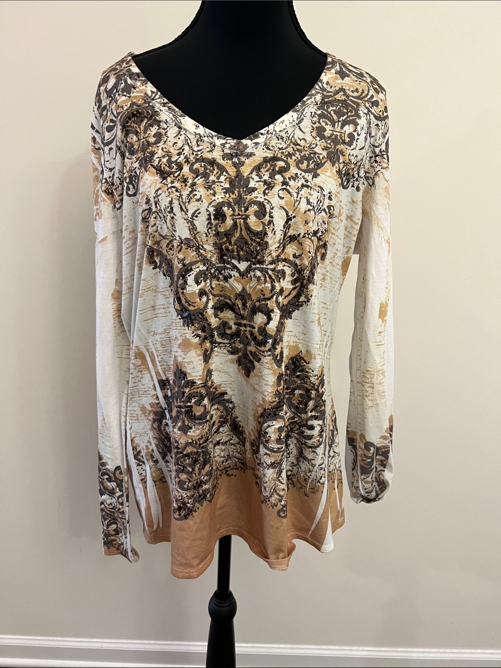 Cache Long Sleeve V-Neck Printed Top - Cream, Brown & Tan